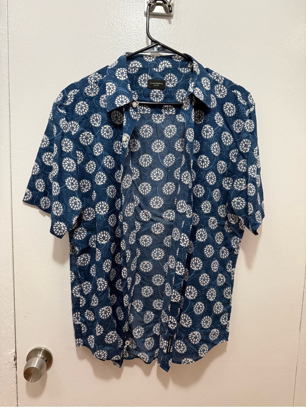Club Monaco Navy Short Sleeve Button-Down with White Floral Medallions